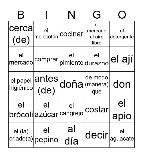 Vocabulario Lección 6: En el mercado Bingo Card