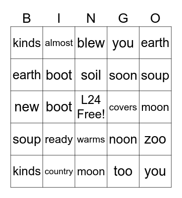Spelling Patterns oo, ou, ew Bingo Card