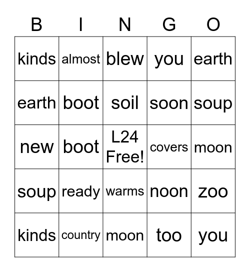 Spelling Patterns oo, ou, ew Bingo Card