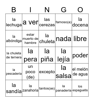 Vocabulario Lección 6: En el mercado Bingo Card