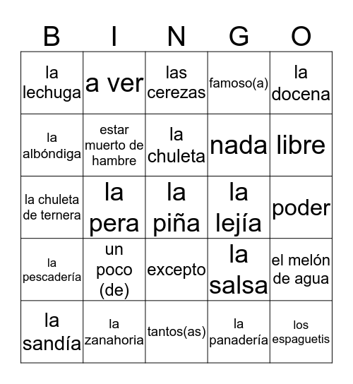 Vocabulario Lección 6: En el mercado Bingo Card