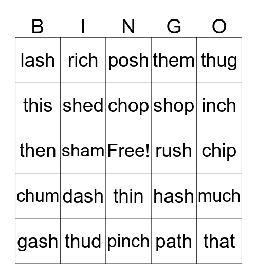 Sh/Ch/Th Word Bingo Card
