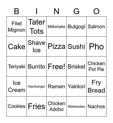 Yummy Food Bingo Card