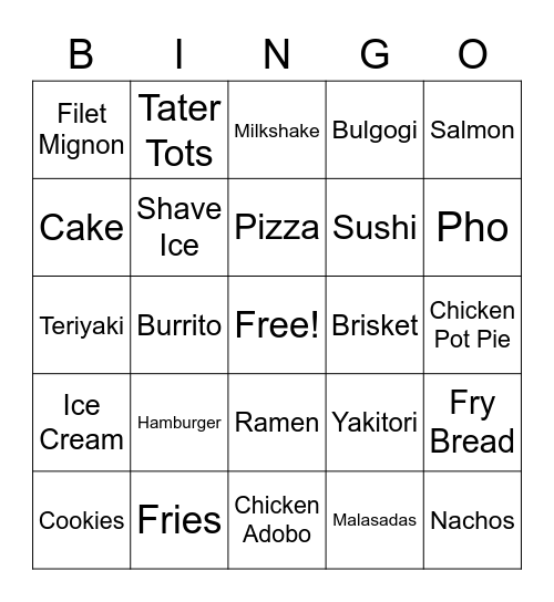 Yummy Food Bingo Card