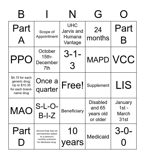Medicare Training Bingo Card
