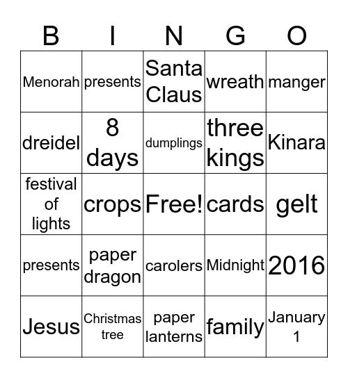Winter Holiday Bingo Card
