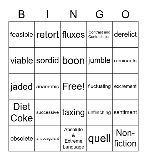 Vocabulary Bingo Card