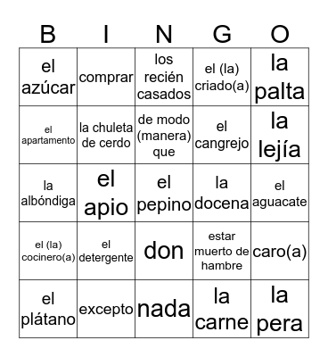 Vocabulario Lección 6: En el mercado Bingo Card