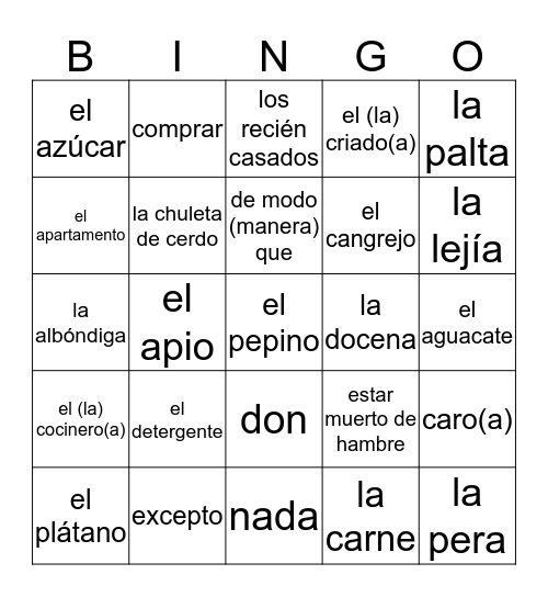 Vocabulario Lección 6: En el mercado Bingo Card