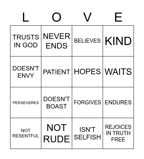 I CORINTHIANS 13 Bingo Card