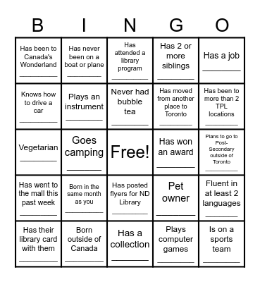Teen Council Bingo Card