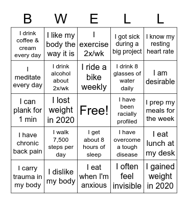 Physical Wellness Bingo Card