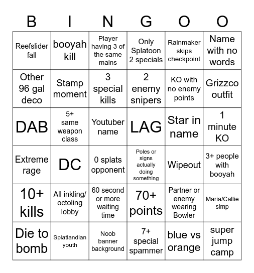 Splatoon 3 solo Q bingo Card