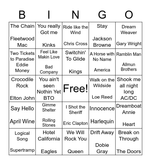 Classic Rock 1 Bingo Card