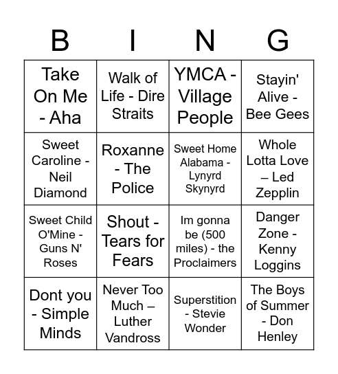 90's/00's Disco Bingo Card