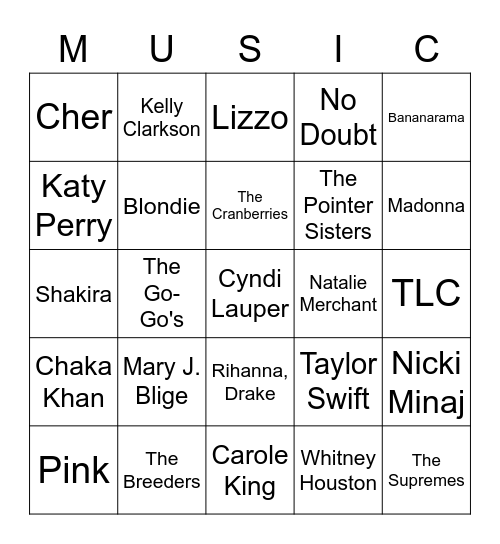 Music Bingo (Women) Bingo Card