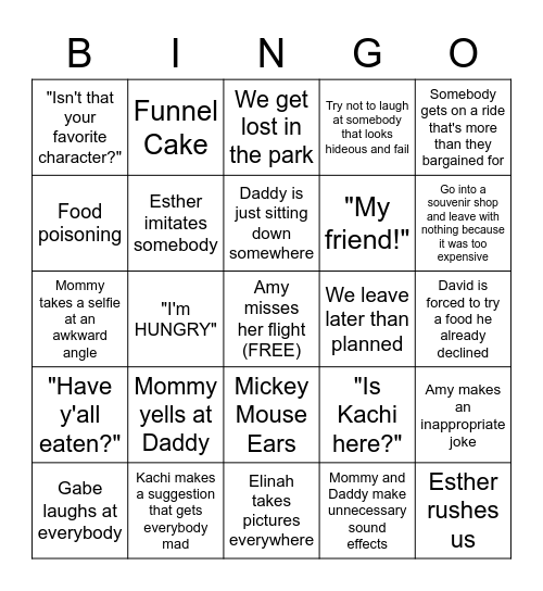 Vacation Bingo Card