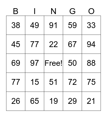 Number Bingo Card
