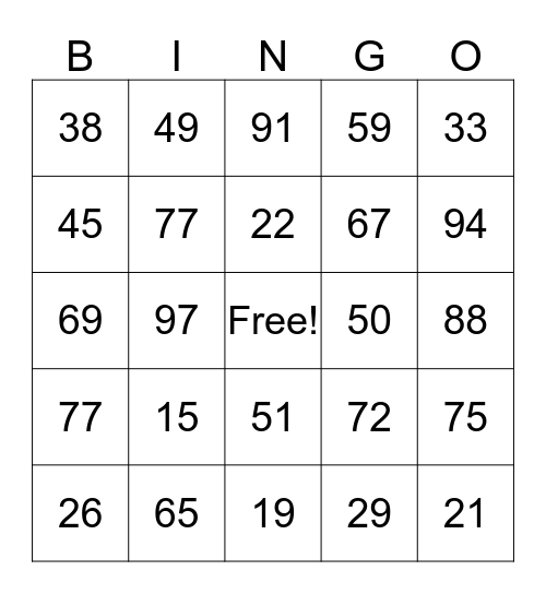 Number Bingo Card