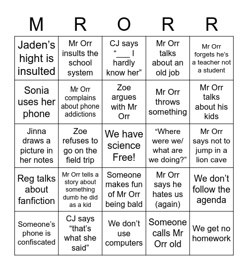 Mr Orr’s 4th Period Bingo Card