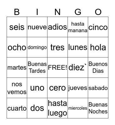 Dias/Numeros/saludos/Despedidas Bingo Card