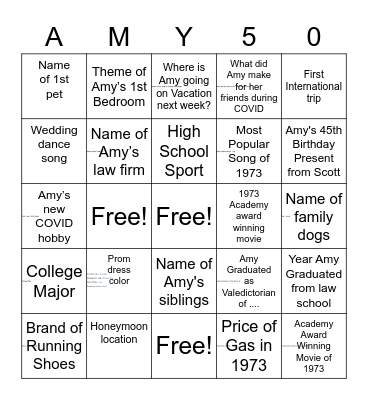 Amy Birthday Bingo Card