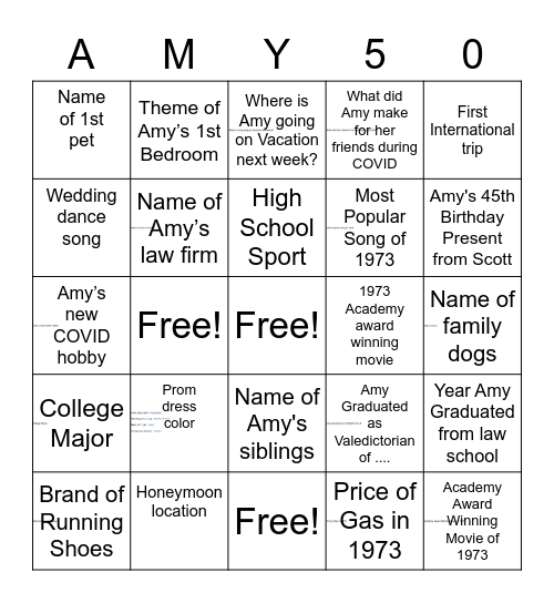 Amy Birthday Bingo Card