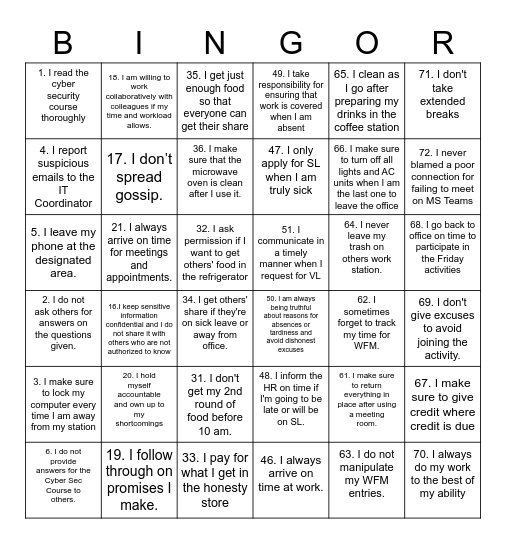 TIES BINGOR Bingo Card