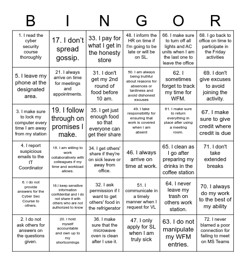 TIES BINGOR Bingo Card