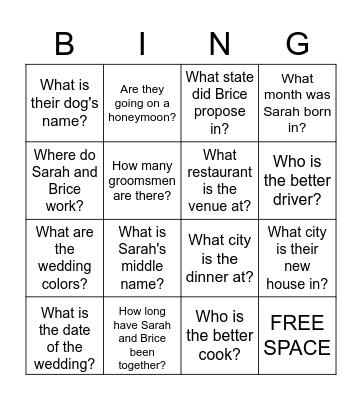 Wedding Bingo Card