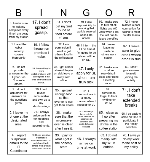 TIES BINGOR Bingo Card