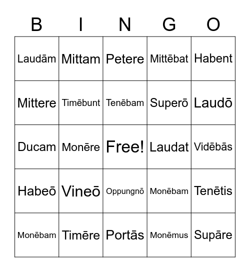 Latin Verbs Bingo Card