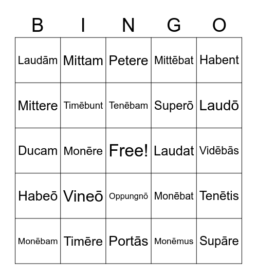 Latin Verbs Bingo Card