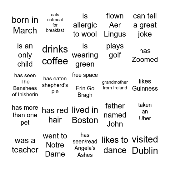 Irish Bingo Card