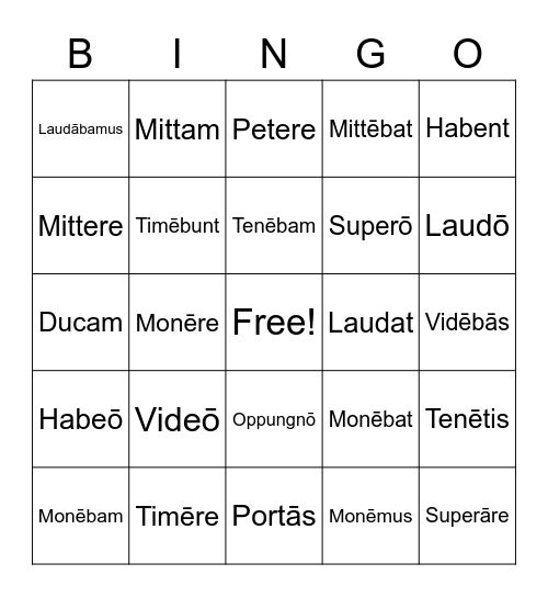 Latin Verbs Bingo Card