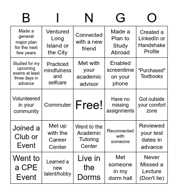 Stony Brook Academic Success Bingo Card