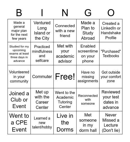 Stony Brook Academic Success Bingo Card