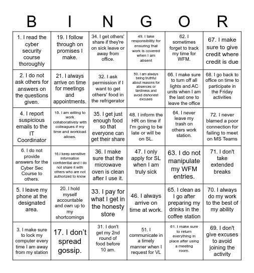 TIES BINGOR Bingo Card