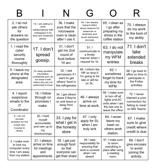 TIES BINGOR Bingo Card