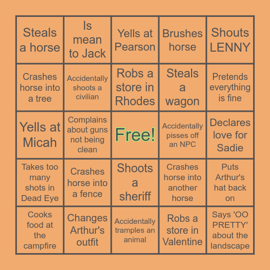 Xelby's RDR2 Bingo! Bingo Card
