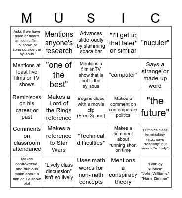 MUSICOL 346 Bingo Card