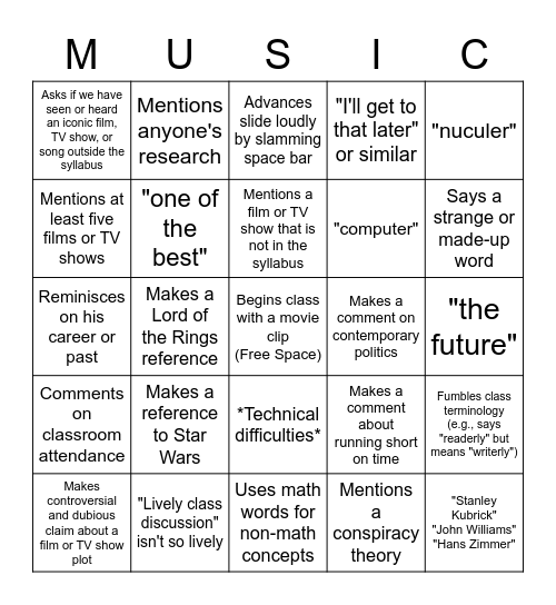 MUSICOL 346 Bingo Card