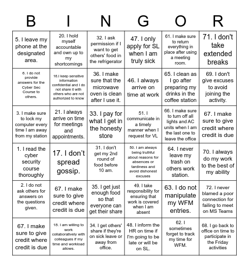 TIES BINGOR Bingo Card