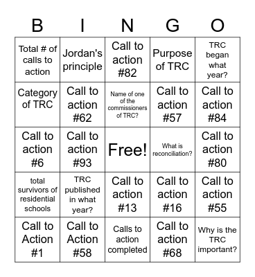 Reconciliation in Canada Bingo Card