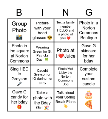 Greyson's Birthday Party BINGO Card