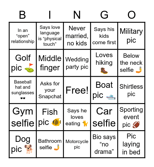 Dating app Bingo Card