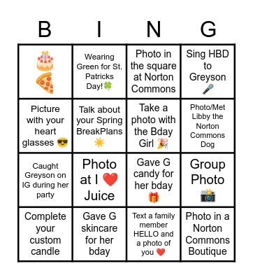 Greyson's Biirthday BINGO Card