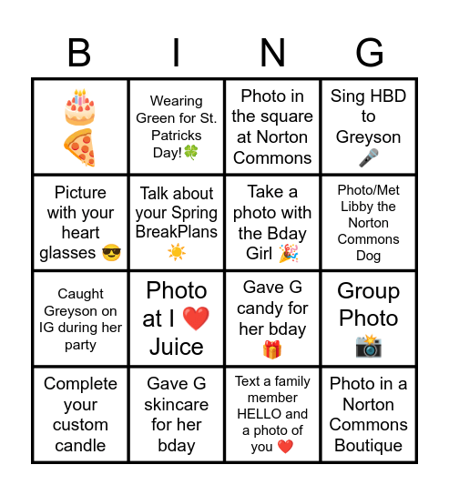 Greyson's Biirthday BINGO Card