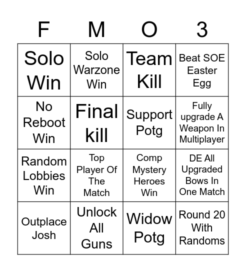 Gaming Goals Of Fortnite, COD MWII, Overwatch 2, COD Black Ops 3. Bingo Card