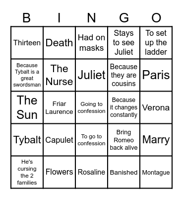 ROMEO & JULIET BINGO Card